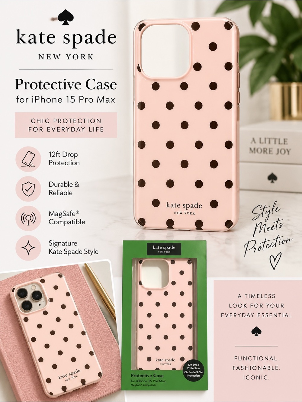 kate spade Pink with Brown Polka Dot iPhone 15 Pro Max Case